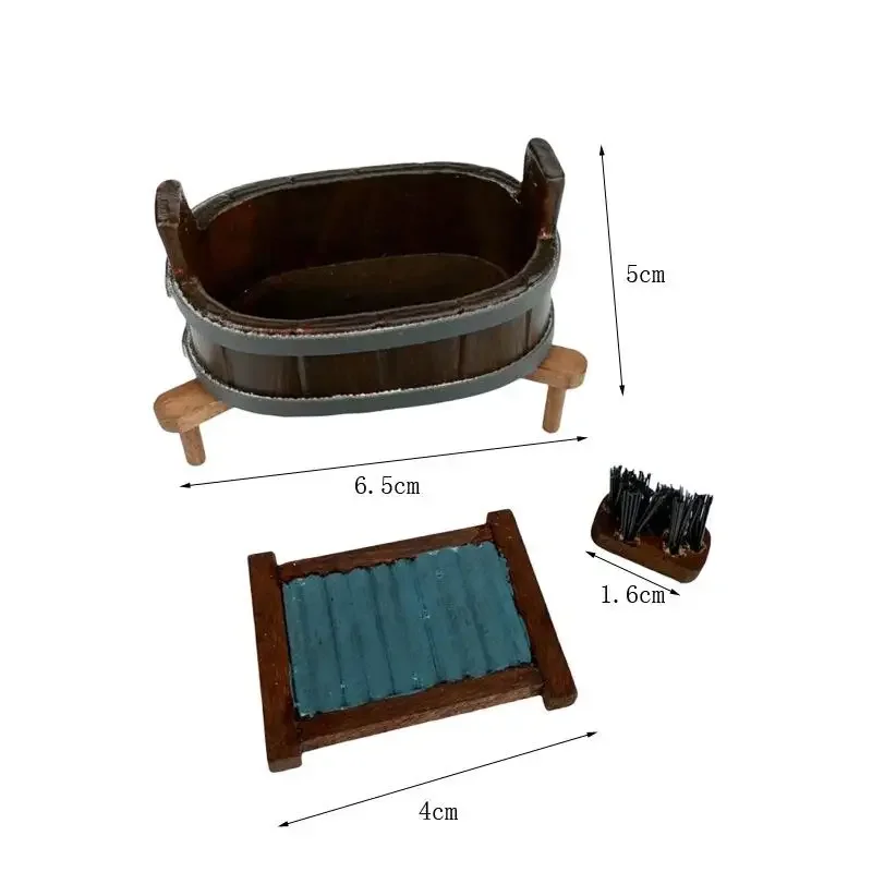 1:12 Dollhouse Miniature Wooden Barrel Washboard Brush Three-Piece Set Laundry Accessories For Doll House Decor Pretend Play Toy