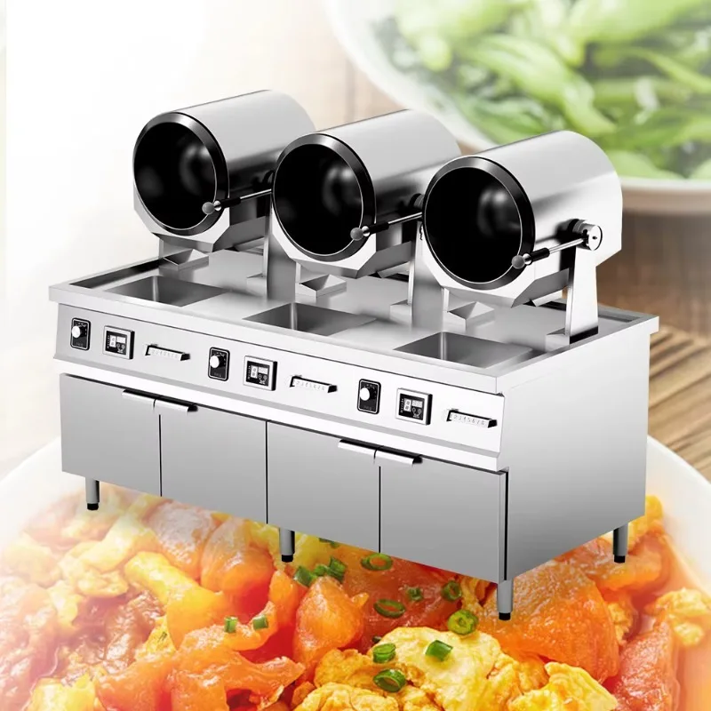 3 Head Burner Automated Cooking Machine Stir Fry Pot Making Equipment Restaurant Rice Cooker Food Cooking Robot with Cabinet