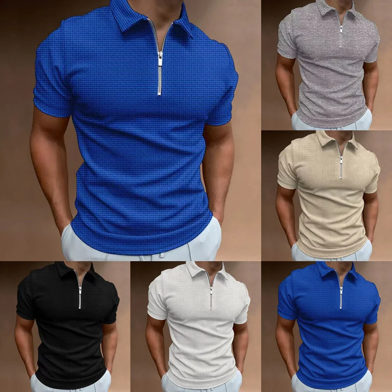 

2024 summer new men's zipper Waffle Polo shirt Short sleeve Waffle casual T-shirt men monochrome