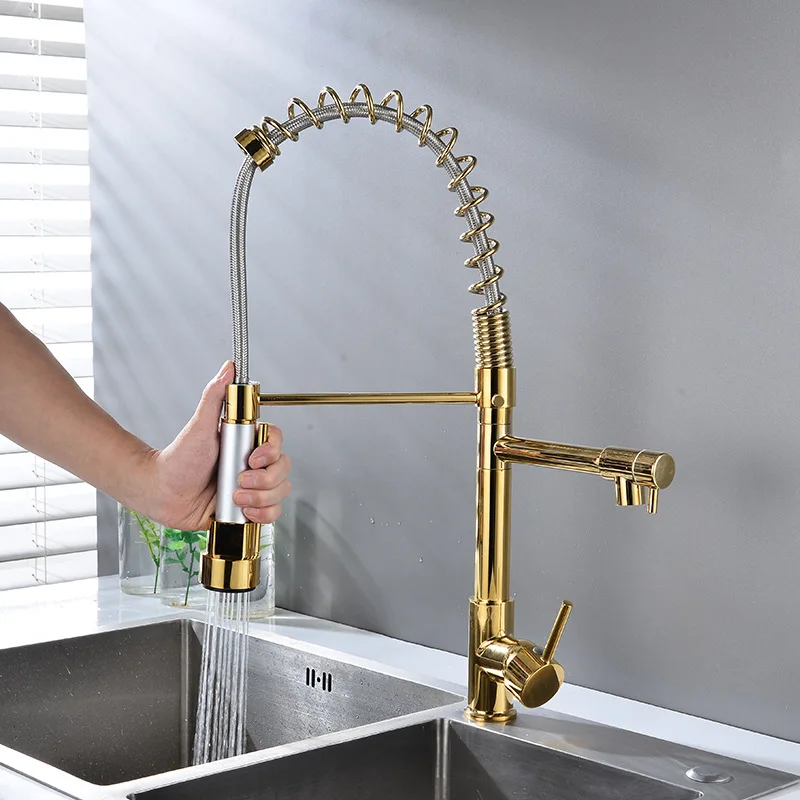 Luxury Kitchen Sink Faucet Dual Spout 360 Degree Rotation Spring Pull Down Sprayer Deck Mounted Hot and Cold Water Mixer Taps