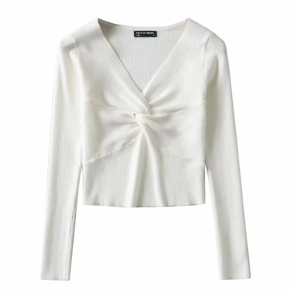 

Women's Solid Color V-Neck Sweater Slim Fit Long Sleeve Twisted Pleated Short Pullover Knitwear by TT1631