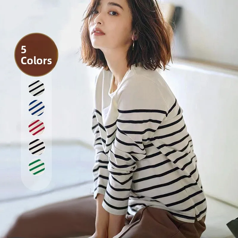 

Pure Cotton Striped Long Sleeve round Neck Knitwear Women's T-shirt Commute Style Comfortable Fit Spring Collection