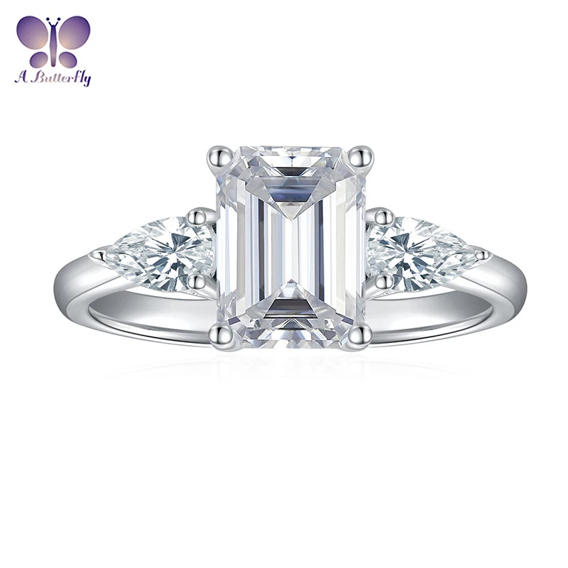 

AButterfly Hot Sale 925 Sterling Silver D Color 2.7 Carat Moissanite Emerald Cut 3 Stone Wedding Ring Fine Jewelry High Quality