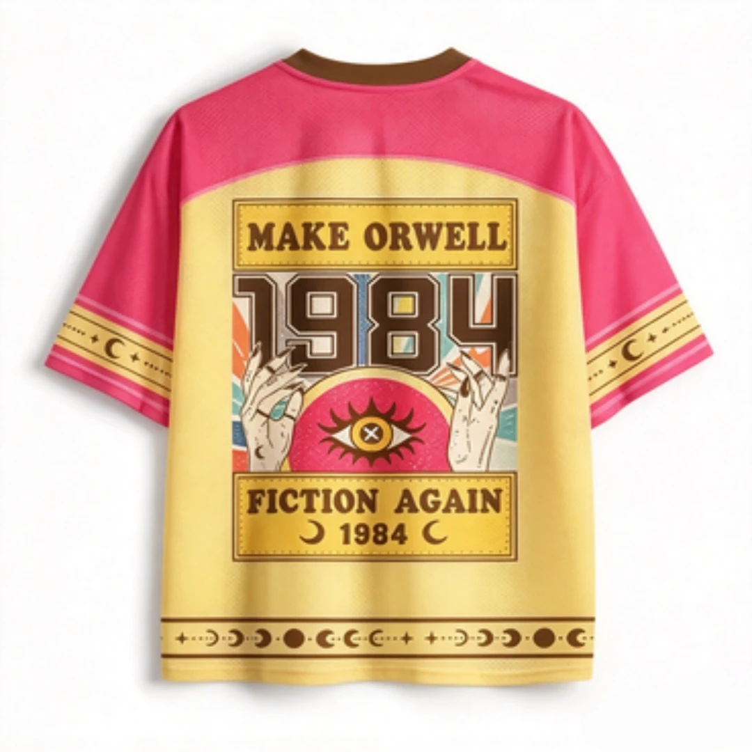 Retro 1984 Orwell Quote Ice Vision Eye V-neck Mesh Jersey Moon Phase Eye Print Loose Short Sleeved T-shirt