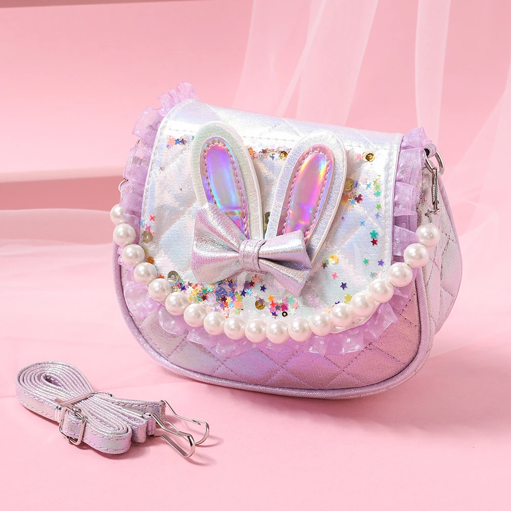 Cute Kid Bag Fashion Children\'s Mini Bag Crossbody Arm Pearl Portable Sequin Rabbit Ears Girl Handbag