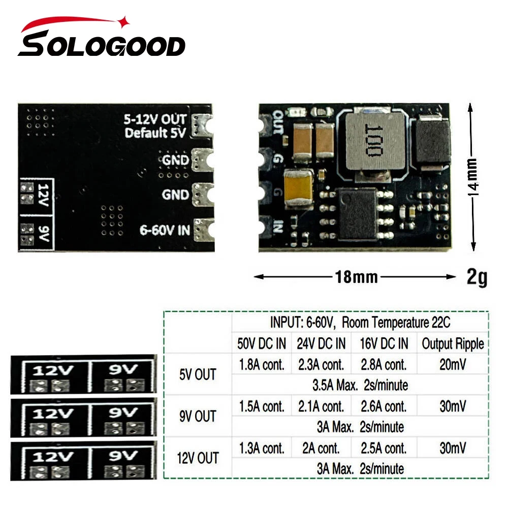 SoloGood 6-60V MICRO BEC TO 5V/9V/12V-ADJ 18*14mm for RC Model Airplane Helicopter FPV Racing Drones DIY Parts