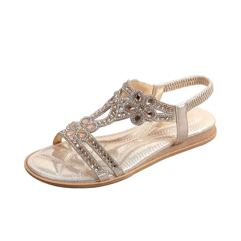 Rhinestones Sandals For Women With Elastic Ankle Strap Bohemian Beach Shoes Fashion Crystal Floral Casual Open Toe Shoes