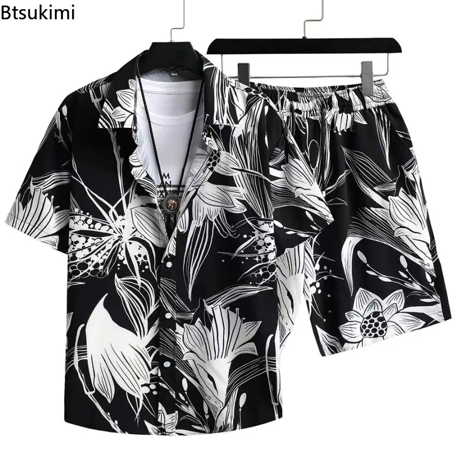 

Summer Fashion Men's Hawaiian Shirt Shorts Two Piece Sets 3D Print Short Sleeve Button Cardigan Casual Beach Suits Plus Size 5XL