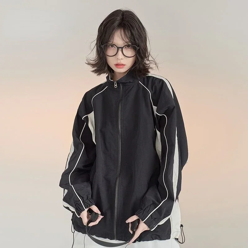 HOUZHOU Vintage Y2k Windbreaker Jacket Women Oversize Korean Fashion Harajuku Streetwear Track Jackets Outdoor Spring Autumn