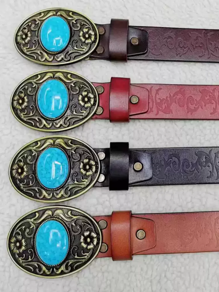 Ethnic Style Floral Embossed Cowhide Genuine Leather Belt Mens Vintage Buckle Punk Style Stage Show Belts Casual Waistband