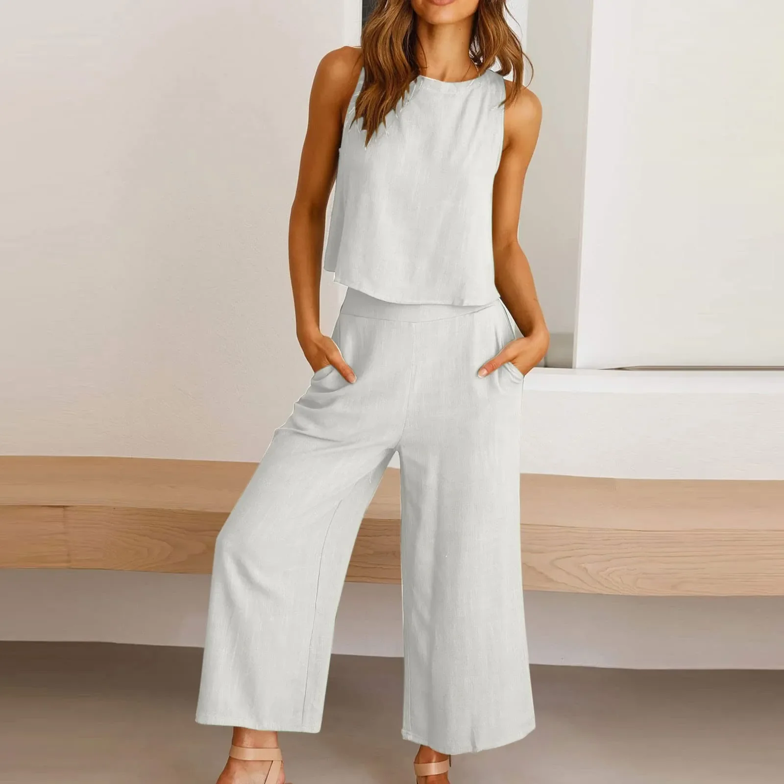 

Поп-новые летние женские комплекты, однотонные топы на бретелях + брюки, комплект из 2 предметов, модные хлопковые повседневные элегантные комплекты без рукавов с круглым вырезом, 2025 Su