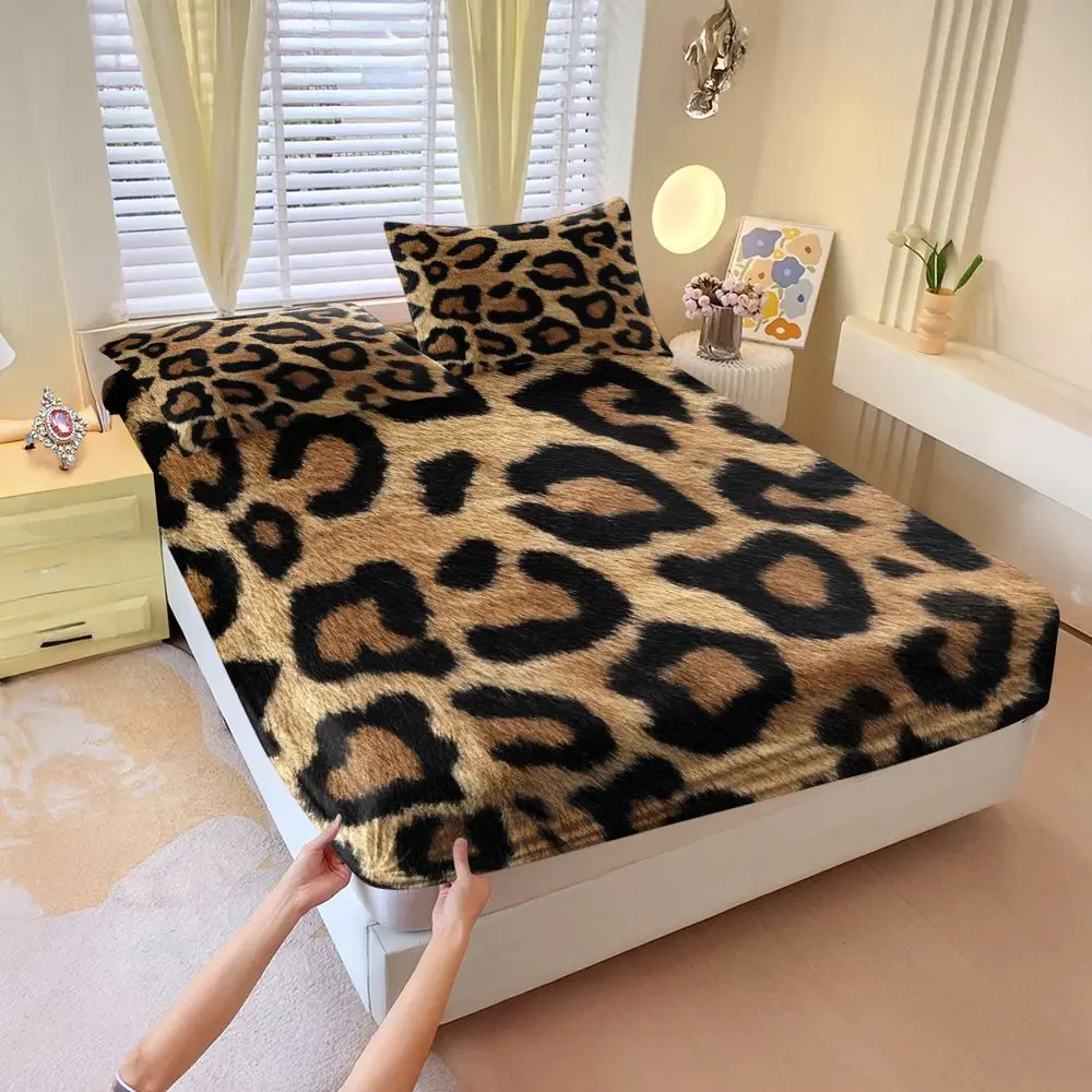 Leopard Print Fitted Sheet Set Bed Sheet Set Animal Pattern Digital Printed Bedding Set Soft Elastic Fabric for Bedroom Decor