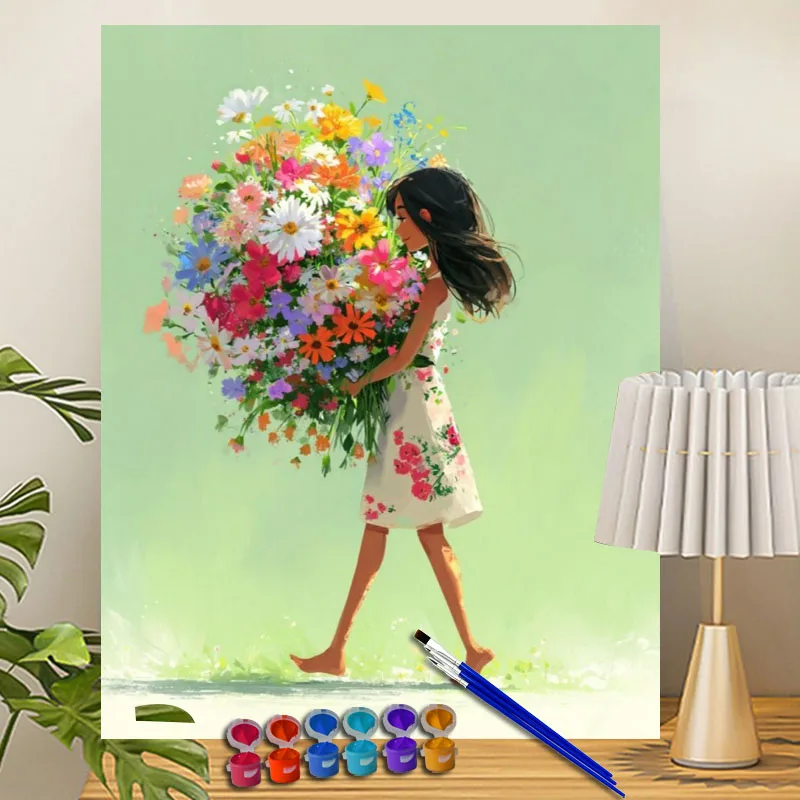 Malen nach Zahlen: Das blumenbesetzte Mädchen, Acrylfarbe, Leinwand, Dropshipping, Porträt, Familie, Kinder, Foto, Weihnachtsgeschenke