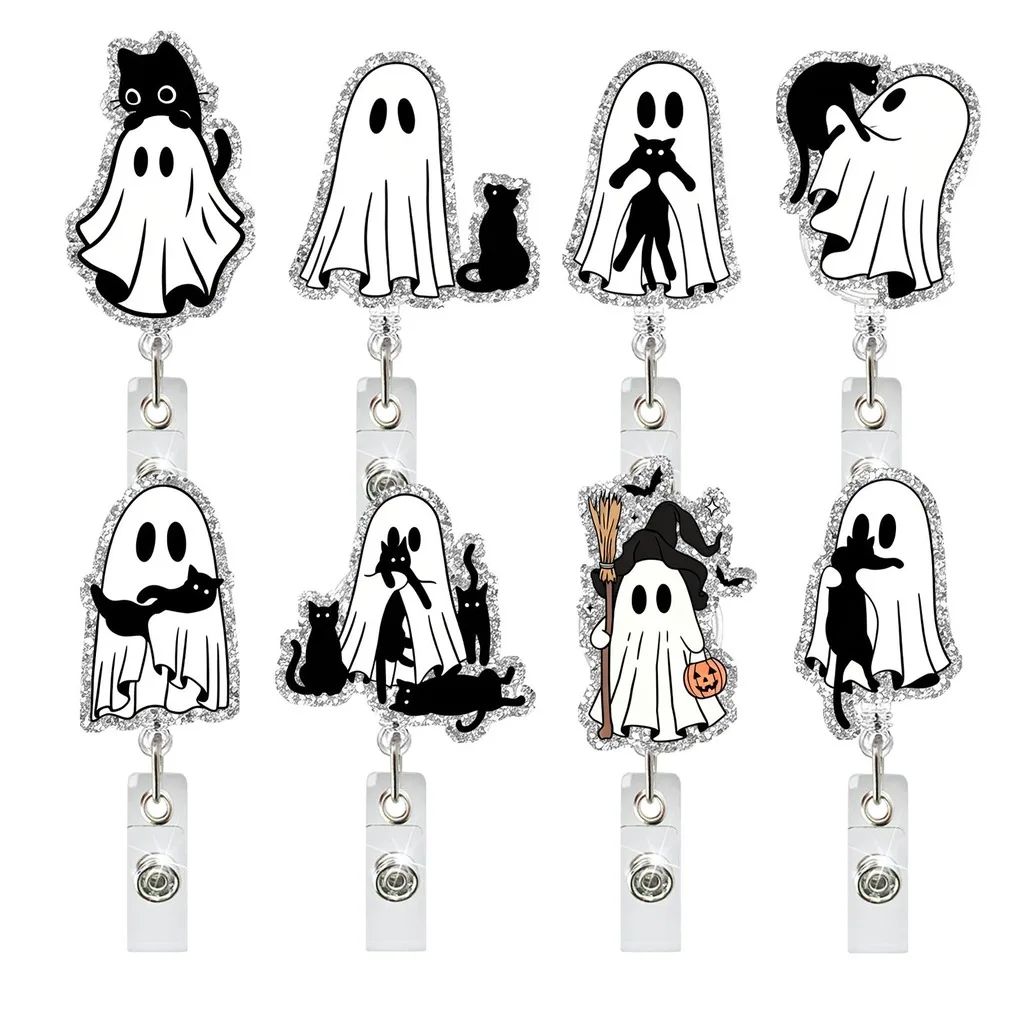 Halloween Ghost Black Cat Acrylic ID Badge Holder Retractable Glitter Badge Reel for Medical Staff Nurse Work ID Reel Gift