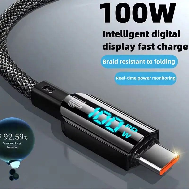 100 واط USB-A إلى Type-C كابل شاشة ديجيتال شحن سريع نقل البيانات المعلبة النحاس الأساسية خط 1.2 متر طويلة للهواتف الذكية