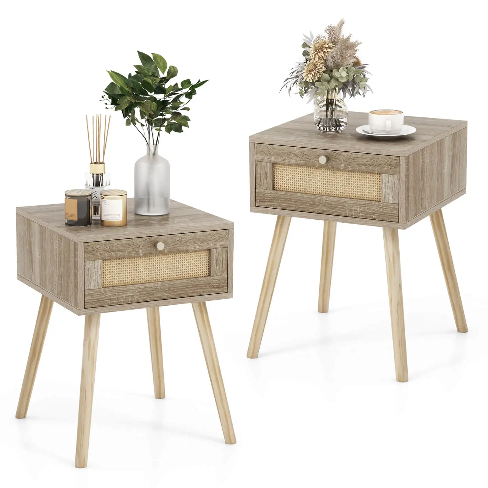 

2 PCS Nightstand Bedside Sofa Table with Rattan Drawer for Bedroom & Living Room