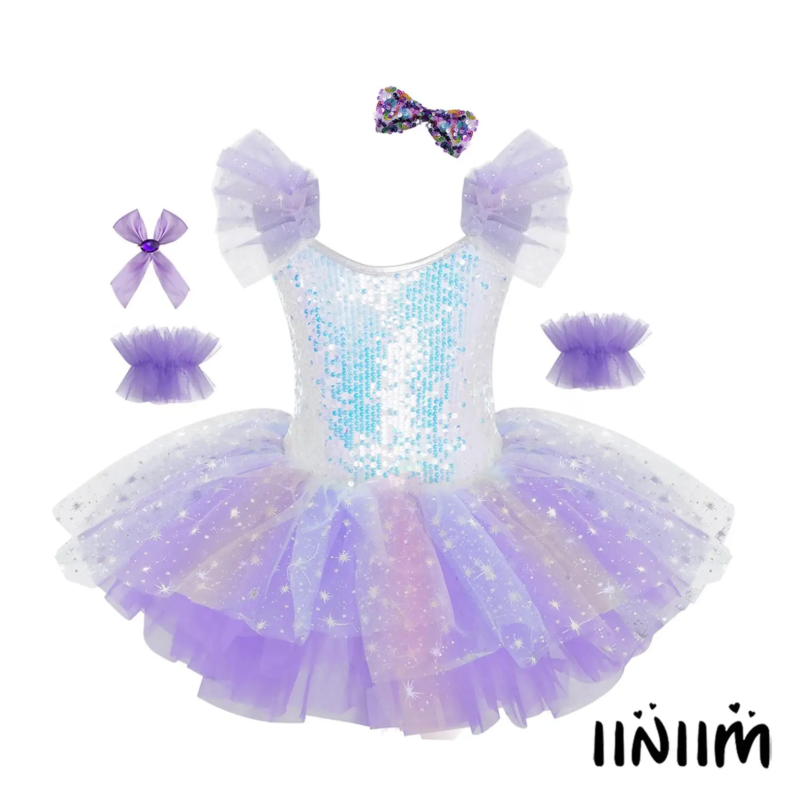 

Платье для балета для девочек с рюшами на рукавах, блестящим пайеточным лифом, многослойной тюлевой юбкой-пачкой, головным убором, манжетами и брошью-бантом