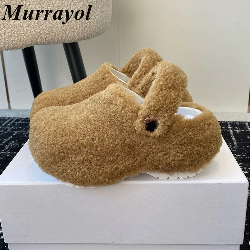 Closed Toe Lamb Wool Buckle Decor Sandalias Women's Fur Back Strap Thick Bottom Heighten Sandals Autumn Winter Outwear Mules