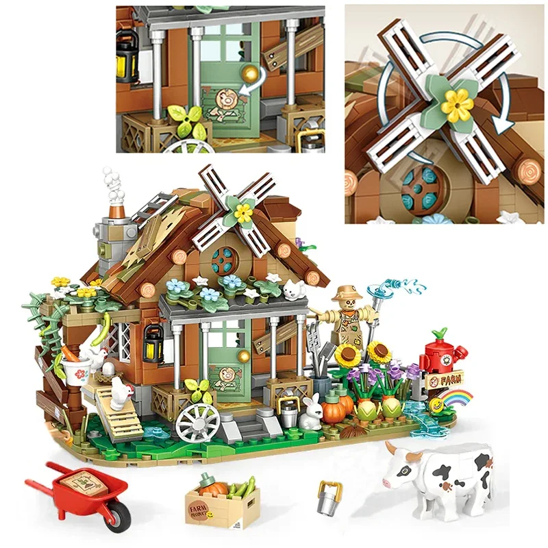 

LOZ Creative Windmill Farm House Animal Homeland Building Block Moc Farm Cabin Garden Cart Cow Toys Assembly Brick For Kids Gift