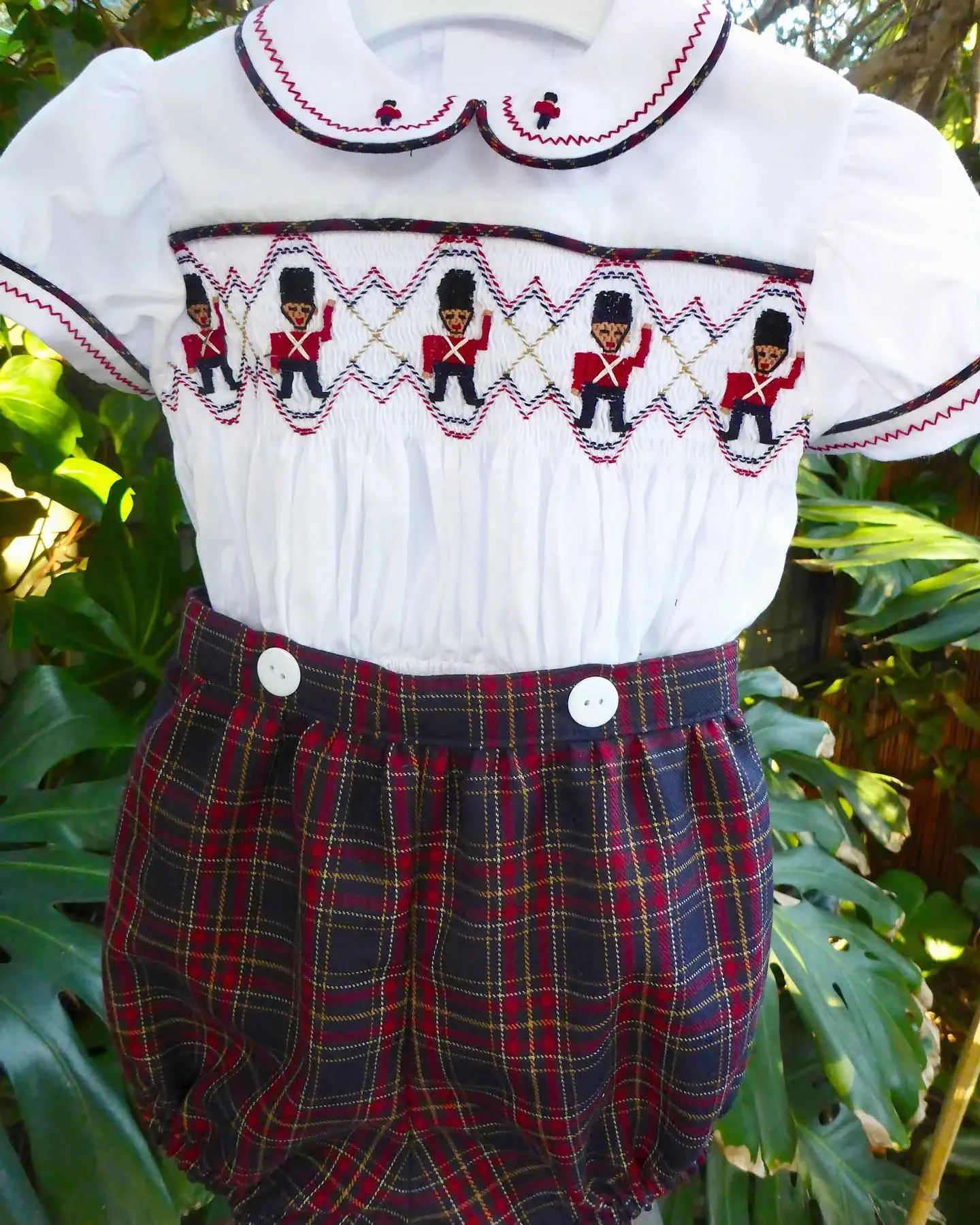 0-6Y Baby Boy Vintage Soldier Smocked Hand Embroidery Red Navy Plaid Bubble Suit for Christmas Birthday Party Photography A434