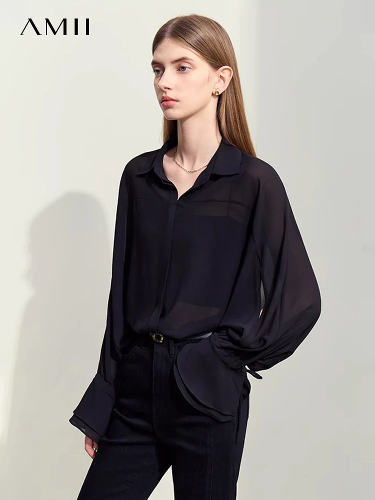 

Amii Minimalism Chiffon Shirt For Women 2024 Summer New Commuter Lapel Hollow Ruffled Cuffs Micro Perspective Thin Tops 12442224