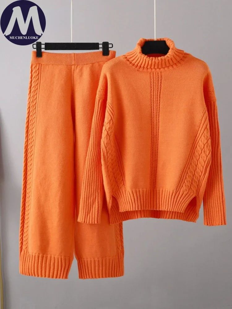 Turtleneck Knit Sweaters and Coats Set for Women, Casual Loose Coats, Elastic Waist, Wide-leg Pants Sets, Autumn, Winter, 2 Pcs