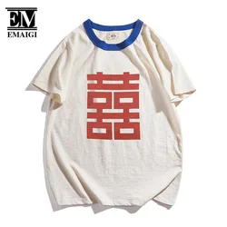 Slub Cotton Chinese 80s Vintage Print Loose Casual T-shirts Men Women Streetwear Fashion Short Sleeve Tshirts Couple T Shirts