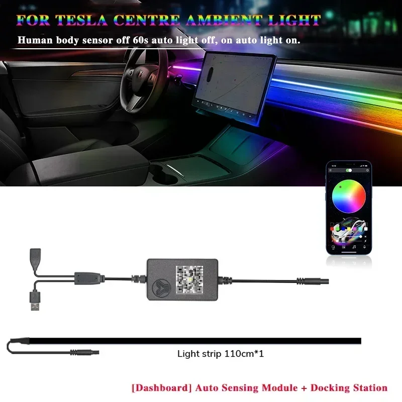 Voor Tesla Model 3/Y 2 IN 1 Dynamische Neon RGB Auto LED Sfeerverlichting 60 s Automatische UIT Module Dashboard Verlichting Decoratieve Lamp