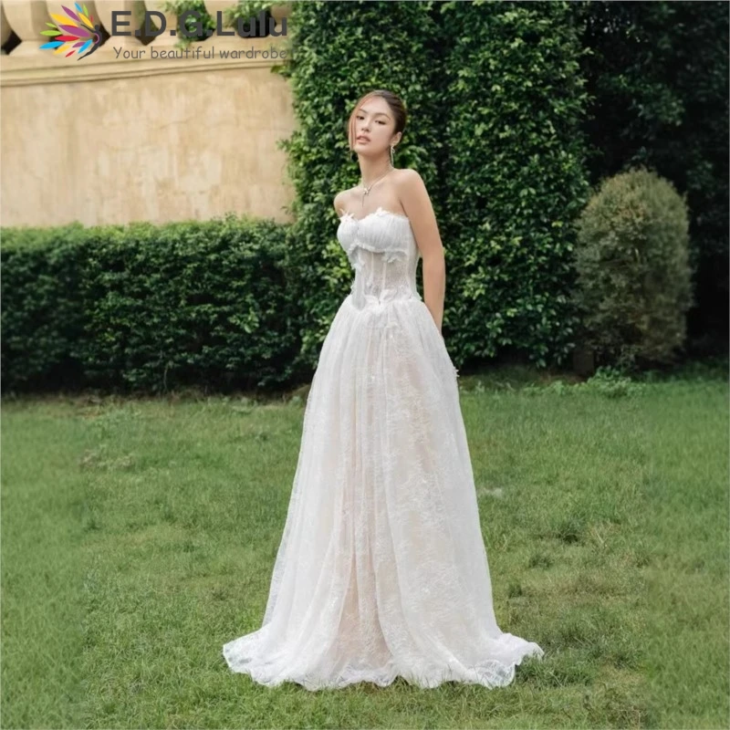 

EDGLuLu Sexy Strapless 3d Butterfly Splicing Long Dress Woman For Birthday Dresses Backless Lace Embroidered Elegant Dress 0327