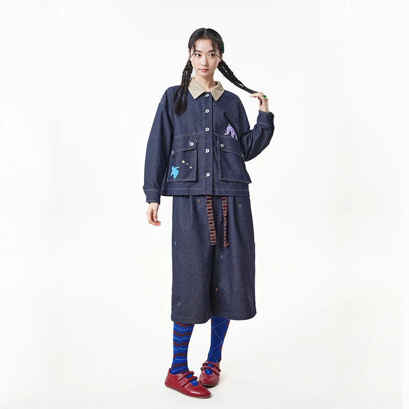 MOVEUP Women's Corduroy Lapel Jacket 2026 Autumn Embroidery Elephant Pattern Patch Pockets Coat Casual Loose Outerwear 3ELQ20722