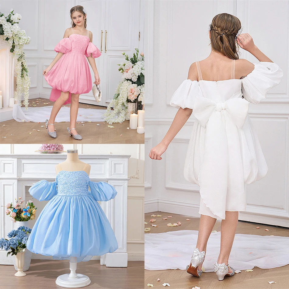 

Girl Flower Bud Fluffy Sleeves Birthday Princess Dress Fashion Show Party Evening Clothes Host Gown Kid Performance Vestidos