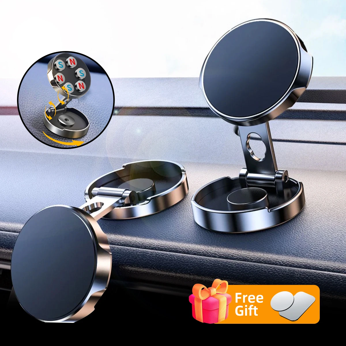 Folding Magnet Cell Phone Stand Metal Magnetic Car Mobile Phone Holder in Car GPS Support For iPhone Xiaomi 720° Rotatable Mount