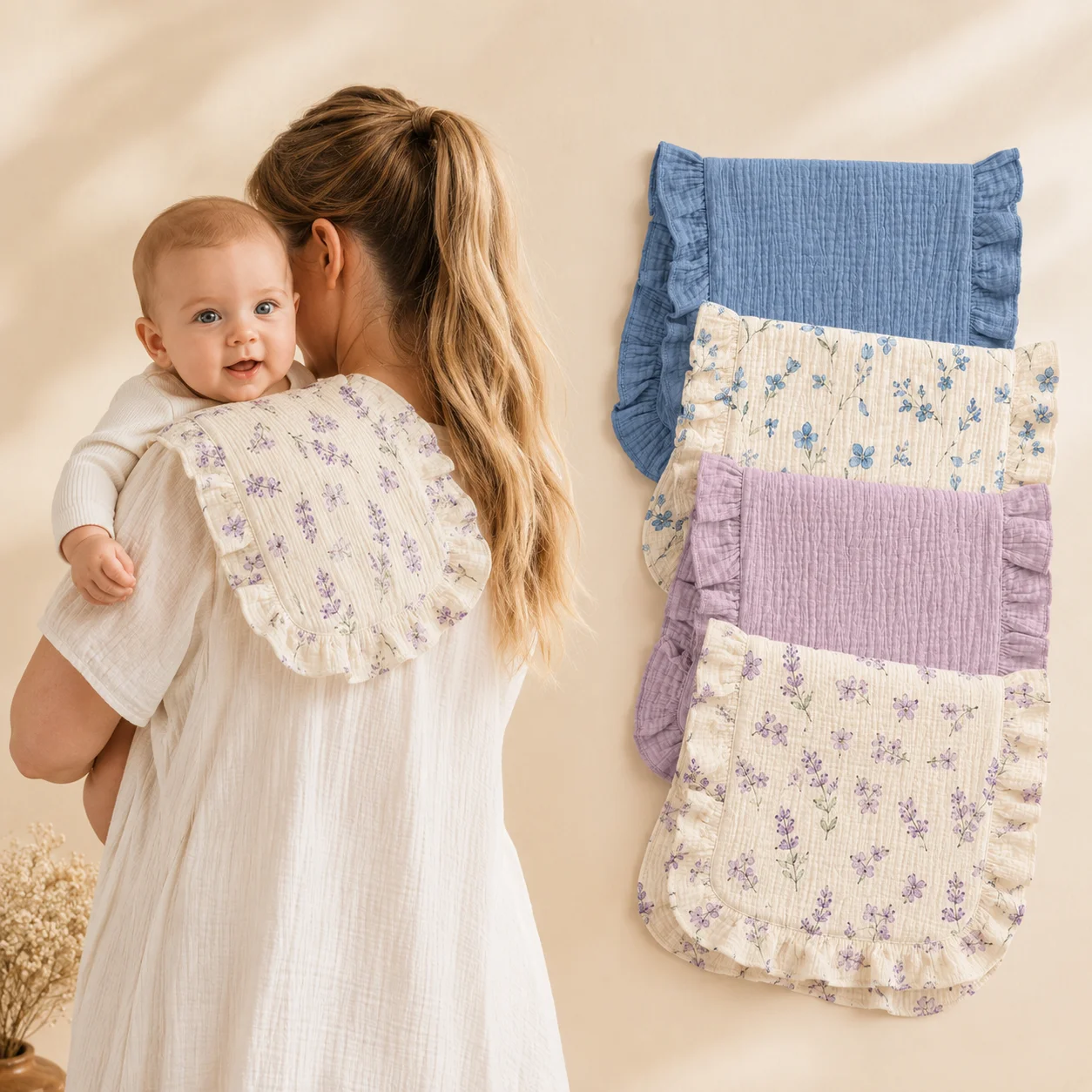 4PCS Soft Folded Baby Burp Cloth with Lace Edge Versatile Use for Feeding Spit up Wiping And Daily Infant Care