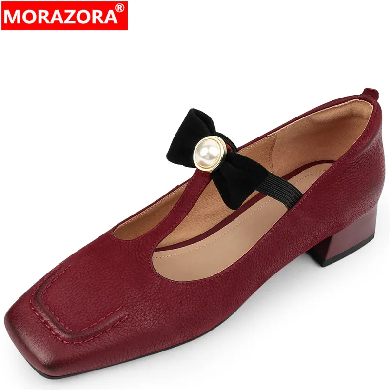 

MORAZORA 2022 New Butterfly Knot Genuine Leather Shoes Woman Retro Shallow Square Med Heels Dress Shoes Ladies Popular Pumps