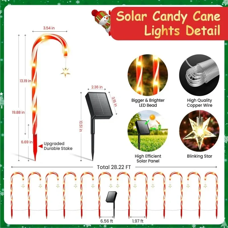 2 PCS 5 IN1 Boże Narodzenie Solar LED Candy Cane Lights z gwiazdami Płatki śniegu Święty Mikołaj Wodoodporne bajkowe oświetlenie świąteczne