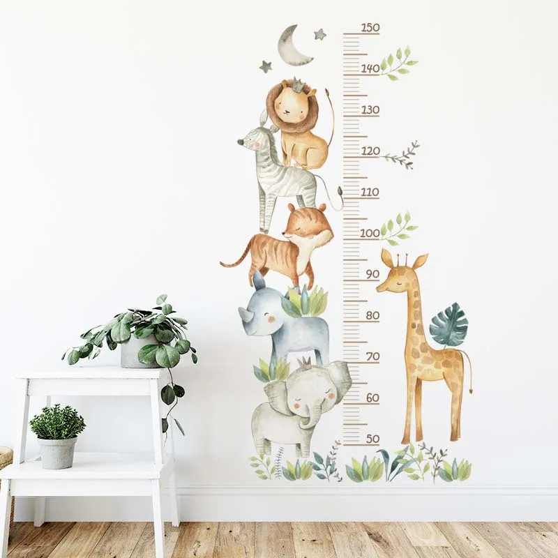 Boho Safari Animal Height Chart Decal, Watercolor Lion & Giraffe Growth Ruler Sticker