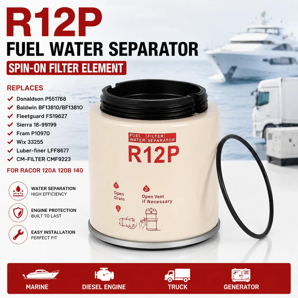 Separador de Agua y Combustible R12P para Motores Diésel Marinos Racor 120A 120B 140, Filtro Spin-On para Yates, Camiones y Generadores