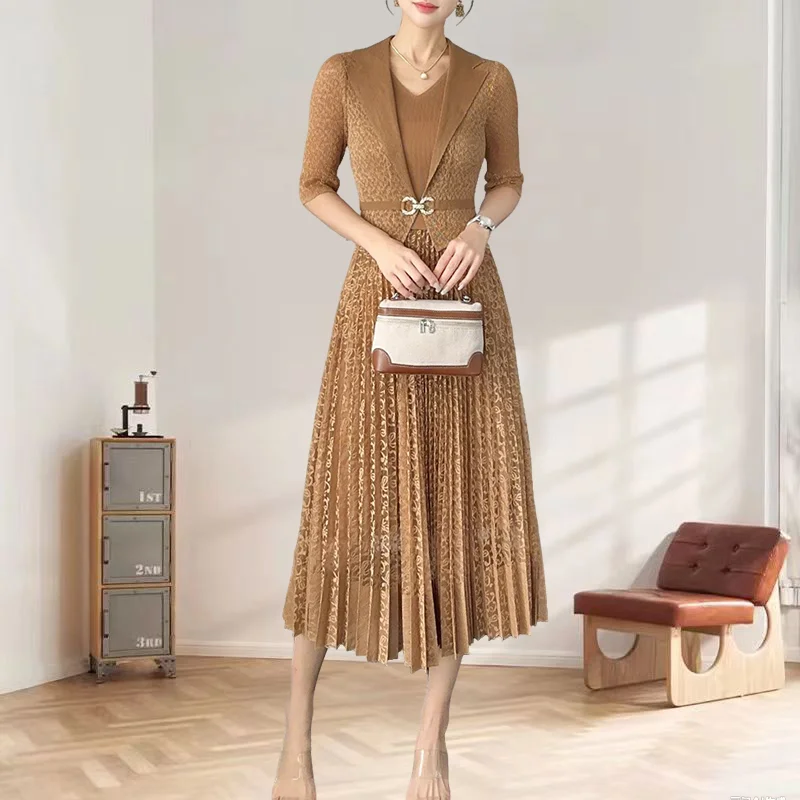 

Miyake Pleated Dress 2025 Summer New Dresses Women High-end Solid Colour Commuter Models Lace Suit Collar Pleated Skirt Clothing