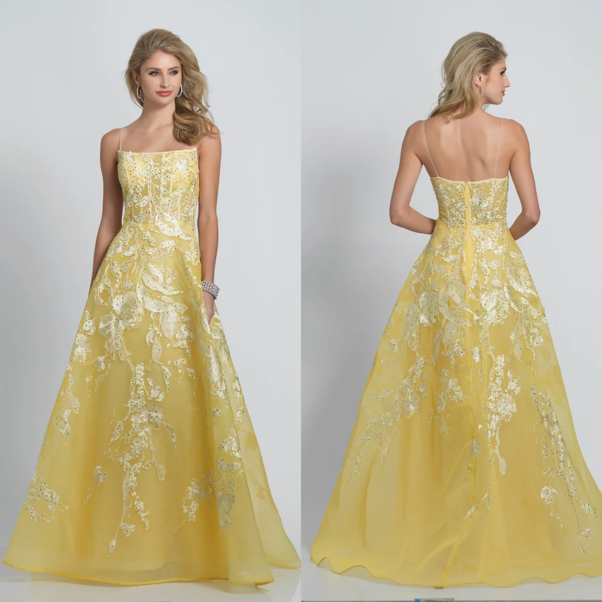 

Light Yellow Long Prom Dresses A Line Lace Appliqued Sexy Spaghetti Neck Evening Gown Beading Party Dress Customized