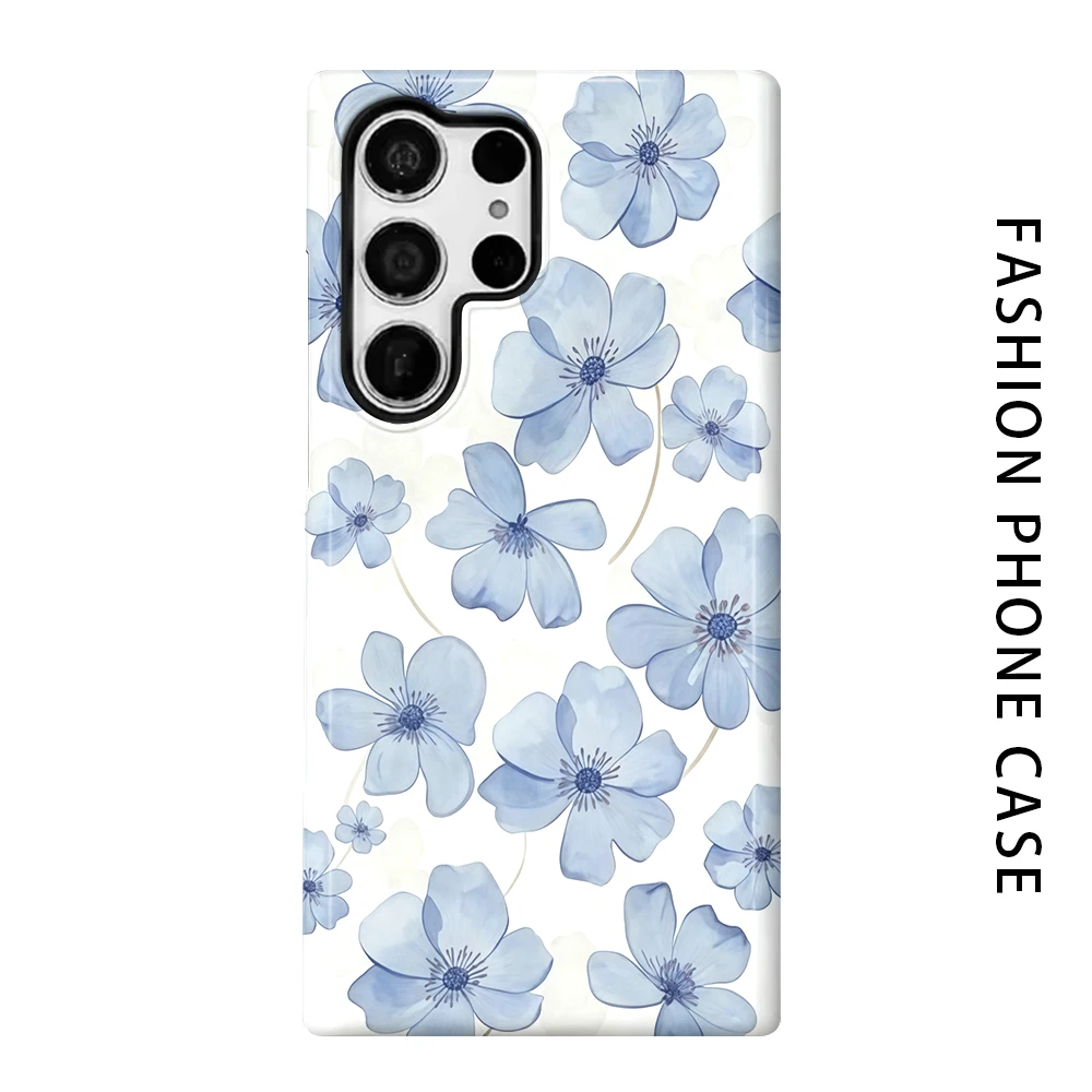 Blue Flower Phone Case for For Samsung Galaxy S26 S25 S24 S23 S20 FE A56 A36 Ultra Glossy HD Hard Cover Film Shell