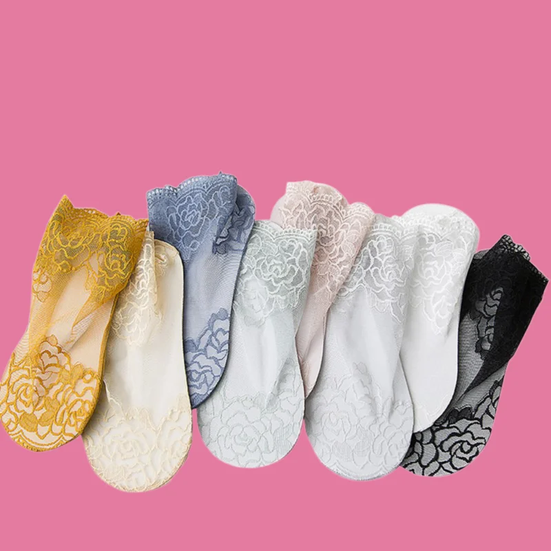 2/5 Pairs New High Quality Lace Short Socks Thin Mid-tube Stockings Summer Sweat-absorbent Non-slip Invisible Ladies Boat Socks