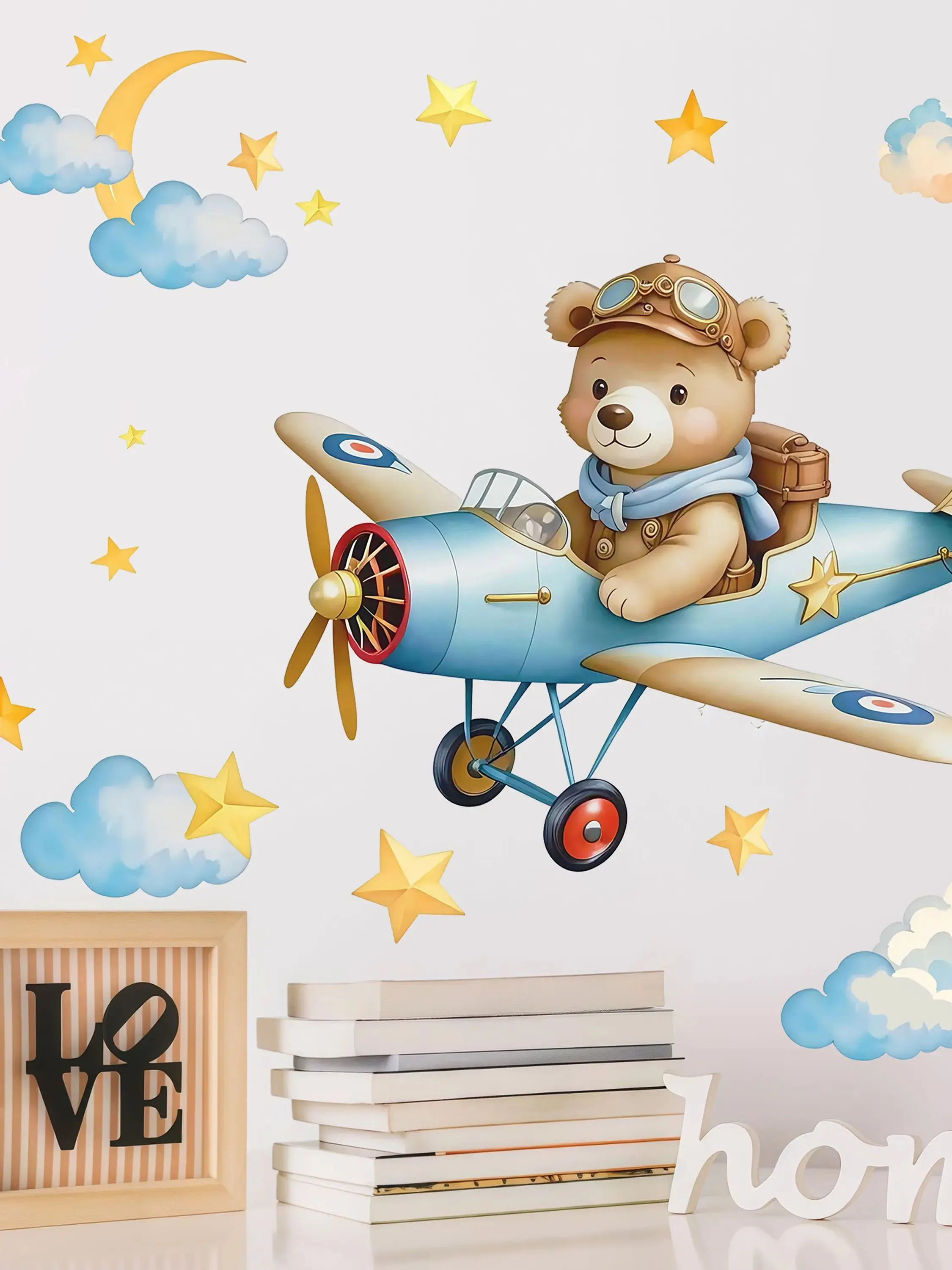 Pilots Flying Airplanes, Teddy Bears, Stars, Moon, Clouds, Wall Stickers, Room Decorations, Home Door Stickers, Bedroom and Livi