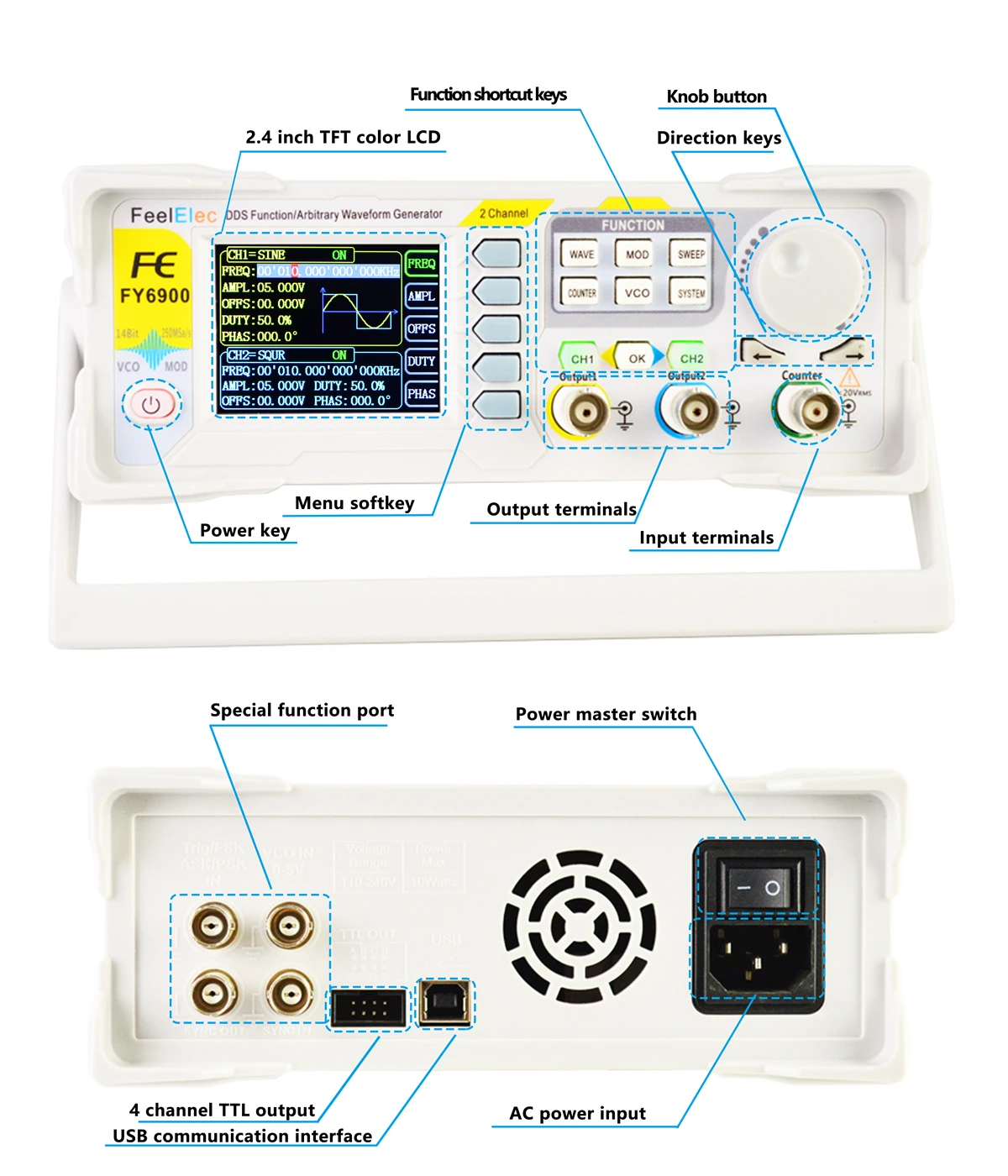 Imagem -04 - Função Gerador de Sinal Medidor de Forma de Onda Arbitrária Tela Tft Canal Duplo Fonte de Contagem de Frequência Digital Fy6900 20mhz100mhz