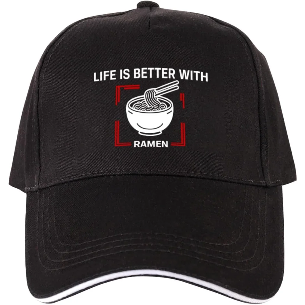 

Жизнь лучше с регулируемой бейсболкой Ramen — черная шляпа унисекс с жирным графическим принтом из полиэстера, сэндвич