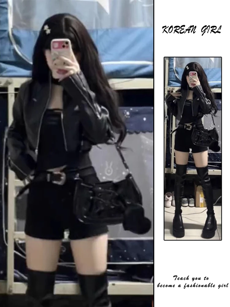 

Женский кожаный топ Bla Leather Jaet, весна 2025, новый американский топ небольшого размера на молнии или мотоциклетный топ Hot Girl Commute Sle Sl...