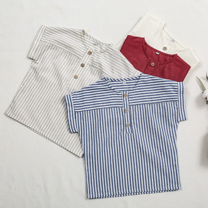 Children\'s Cotton Linen Striped Short-Sleeved T-Shirt Summer New Boys And Girls Round Neck Buttons Daily Casual Tops