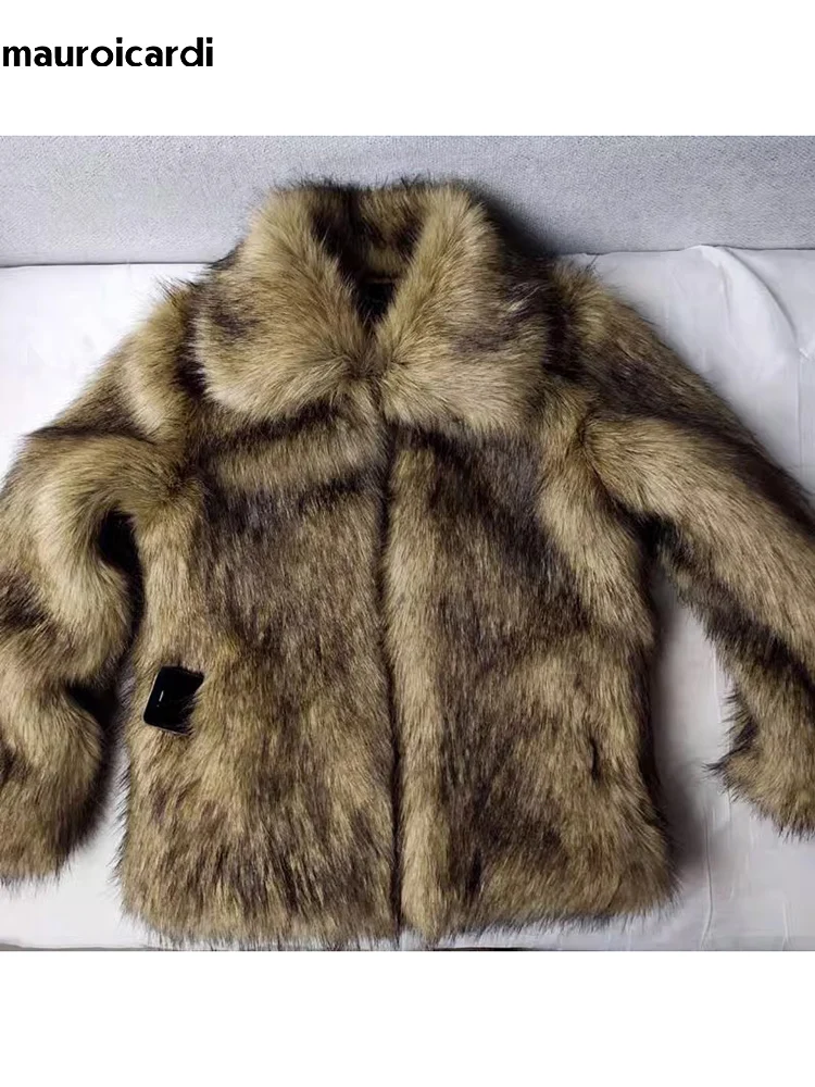 Mauroicardi Winter Short Thick Warm Hairy Shaggy Faux Raccoon Fur Coat Men Long Sleeve High Quality Luxury Fluffy Jacket 2023