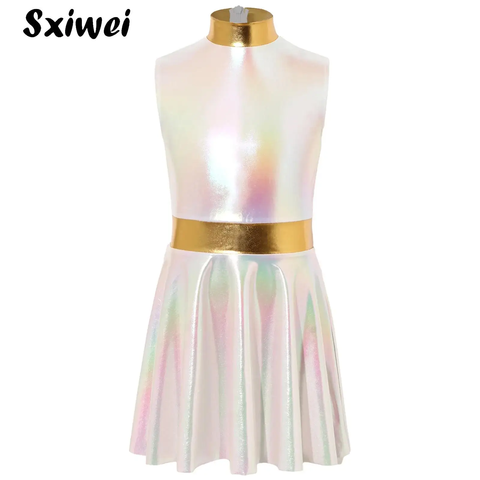 Kids Girls Shiny Singer Costume Mock Neck Sleeveless Back Zipper Color-blocked Metallic Dress for Carnivals Stage Performance
