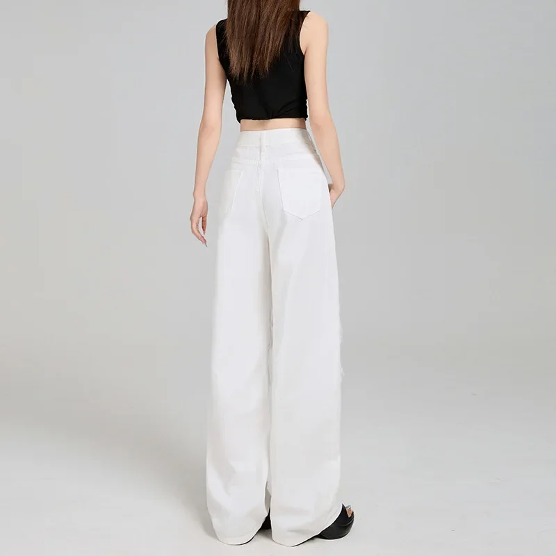 Personality Ripped Lace High-waisted Jeans, New Fashionable Loose and Floor-length Wide-leg Jeans for Women in Spring and Summer