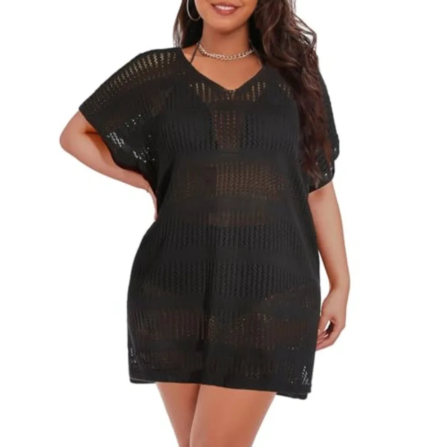 Pinup Fashion Plus Size Crochet Cover Ups Women Short Sleeve Split Swimsuit Coverups